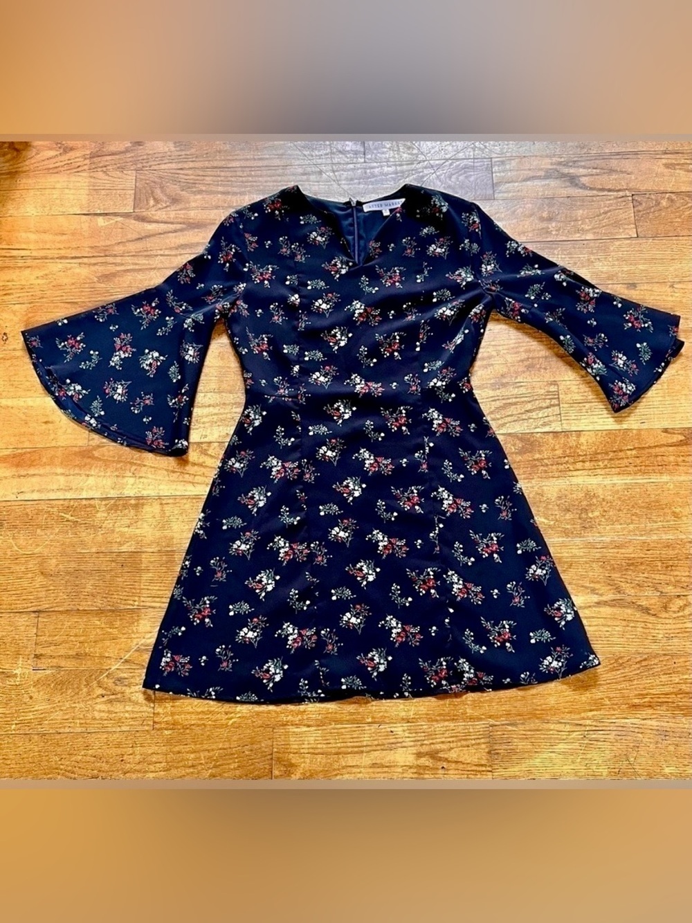 After Market Navy Blue Ditsy Floral Chiffon Mini Dress - 3/4 Bell Sleeve Size S
